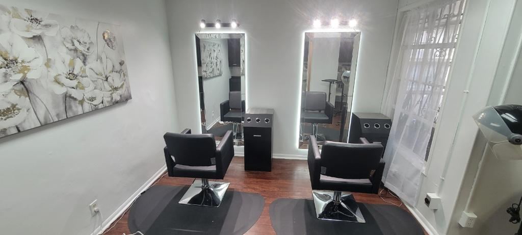 Two styling stations with backlit LED vanity mirrors